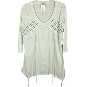 Dolcezza White Green Polka Dot Detailed 3/4 Sleeve V-Neck Longline Tunic Top